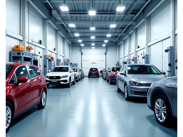 Clean and modern car workshop interior with tools and equipment