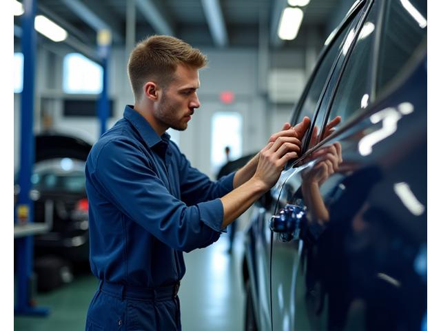 Mechanic inspecting car AC unit