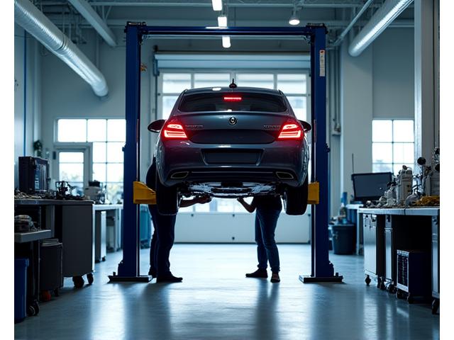 Car being inspected on a lift
